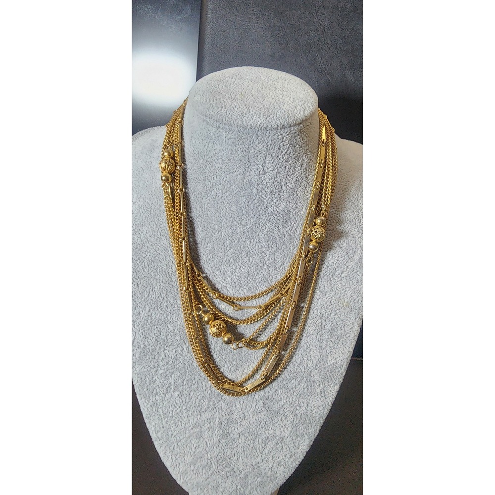 Vintage Gold Tone Multi Strand Statement Necklace Filigree Bead Layered 18 Inch
